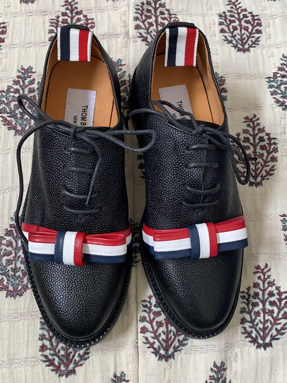 Thom Browne Black Leather Lace-Up Flats with Red, White & Blue Ribbon - Picture 1 of 7